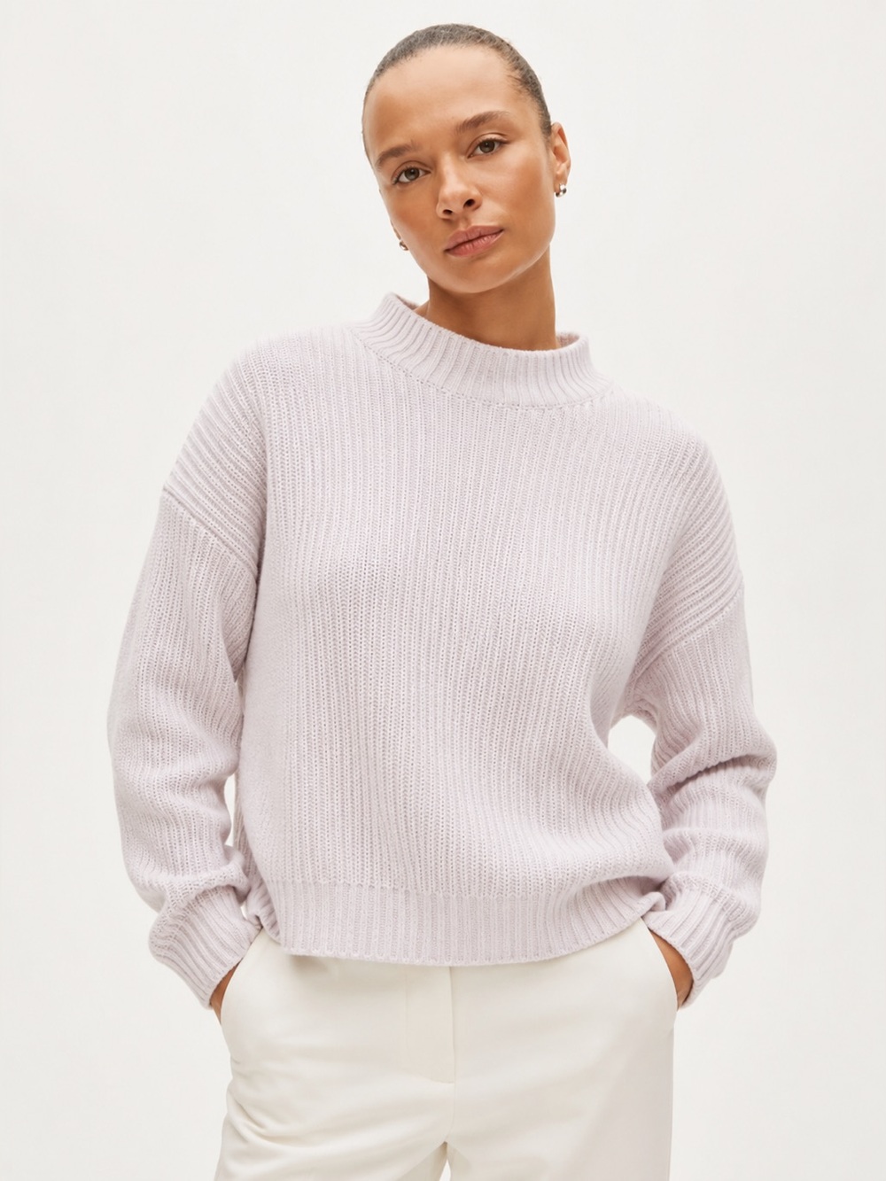 Vintage Women’s Cotton Ribbed Mock Neck Boxy Fit Sweater Light Pink XL *C